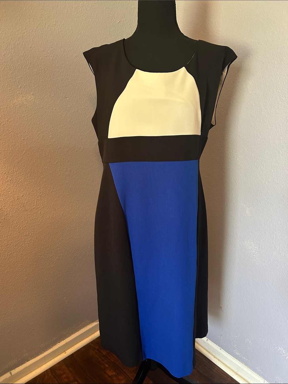Ronni Nicole Women Colorblock Sheath Dress in Black, Royal Blue & Cream Size 16
